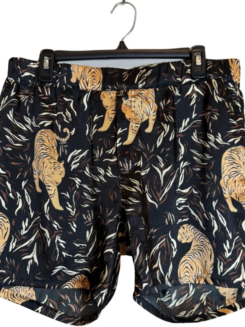 Orttu Tiger Print Shorts Men's Large Black Designer Luxury High Fashion Silky
